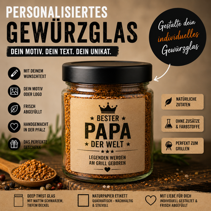Personalisiertes Gewürzglas – Dein Wunschmotiv & Text | Einzigartiges Geschenk | Pfalz & Flamme