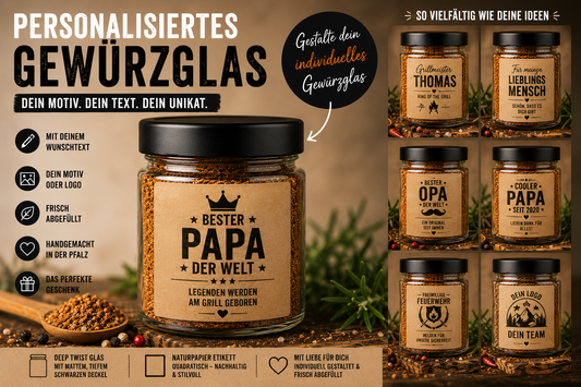 Personalisiertes Gewürzglas – Dein Wunschmotiv & Text | Einzigartiges Geschenk | Pfalz & Flamme