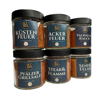 Grill Starter Geschenkset – 6 Gewürze für BBQ, Steak & Küche | Pfalz & Flamme